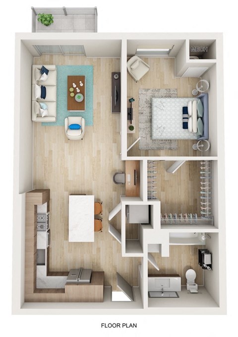 Floor plan for 1 bed, 1 bath, 767 sqft